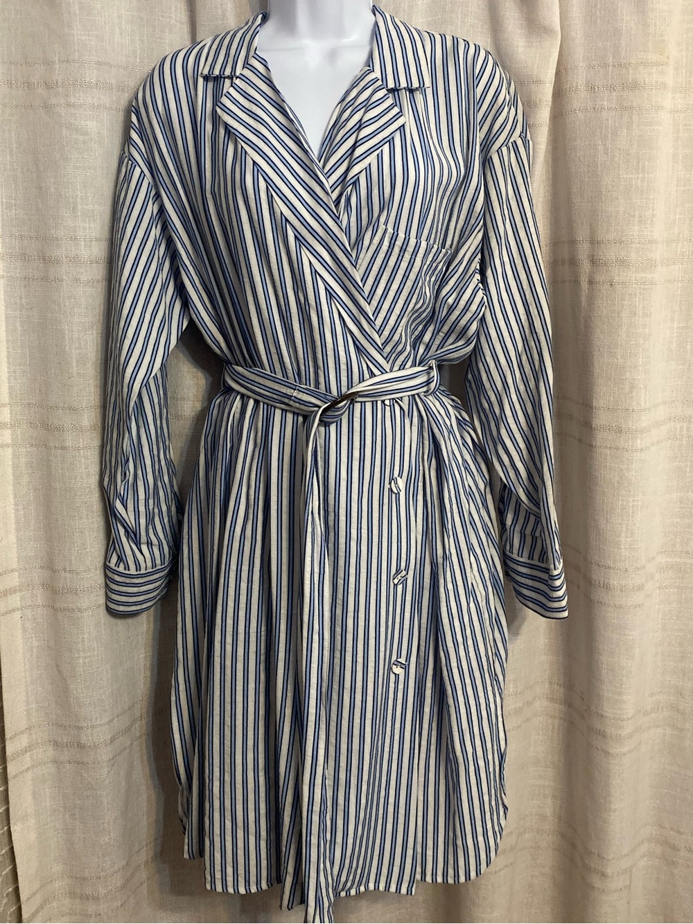 Zara Basic Blue White Striped Wrap Shirt Dress Belted Asymmetric Side Button XL